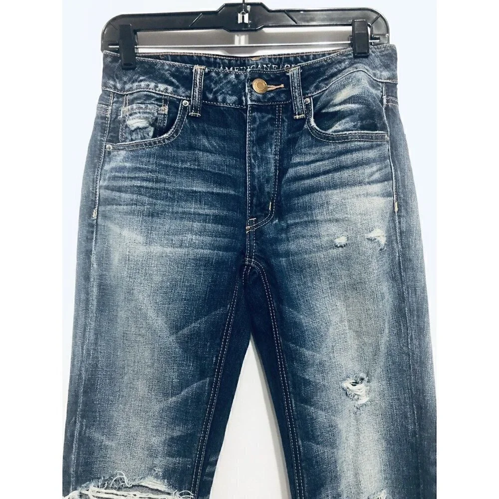 American Eagle Womens Size 00 Tomgirl Destroyed Distressed Button Fly Jeans